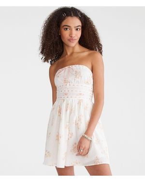 Aéropostale Floral Strapless Swiss Dot Mini Dress - White