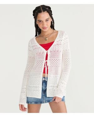 Aéropostale Open-Knit Tie-Front Cardigan - White