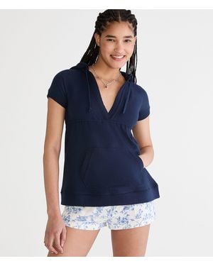Aéropostale Short Sleeve Babydoll Tie-Back V-Neck Fleece Hoodie - Blue