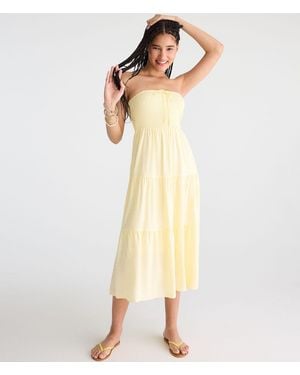 Aéropostale Swiss Dot Strapless Smocked Midi Dress - Yellow