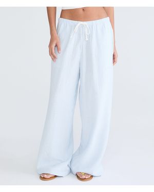 Aéropostale Low-Rise Striped Drawstring Linen Pants - Blue