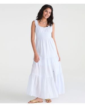 Aéropostale Solid Scoop-Neck Smocked Maxi Dress - White