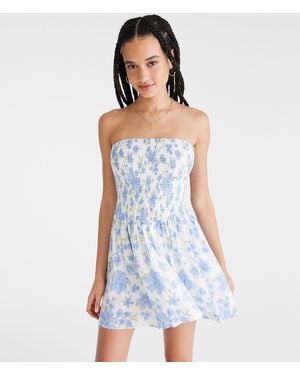 Aéropostale Floral Strapless V-Waist Mini Dress - Blue