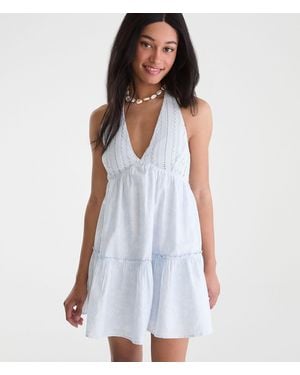 Aéropostale Floral V-Neck Crocheted Halter Mini Dress - Blue