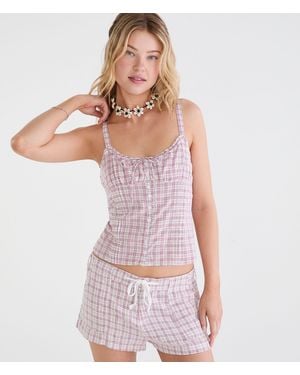 Aéropostale Plaid Pintuck Button-Front Tank Top - Purple