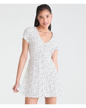 Aéropostale Printed V-Neck Buttoned A-Line Dress - White