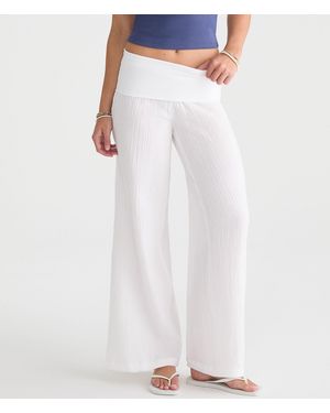 Aéropostale Low-Rise Gauze Fold-Over Wide Leg Pants - White
