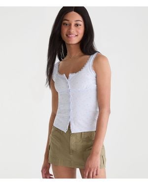Aéropostale Seriously Soft Floral Lace-Trim Buttoned Tank Top - White