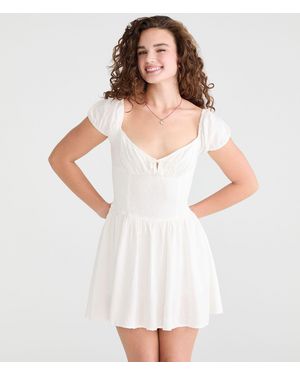 Aéropostale Swiss Dot V-Neck Drop-Waist Mini Dress - White
