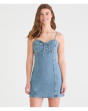 Aéropostale Solid Sweetheart Tie-Front Denim Mini Dress - Blue