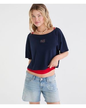 Aéropostale Seriously Soft American Flag Off-The-Shoulder Boyfriend Graphic Tee - Blue