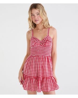 Aéropostale Gingham Hearts V-Neck Fit & Flare Mini Dress - Red