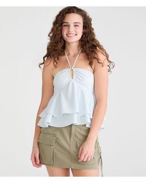 Aéropostale Striped Ruffle Halter Top - White