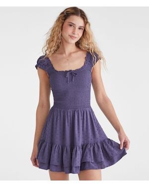 Aéropostale Solid Square-Neck Textured Dot Fit & Flare Dress - Purple