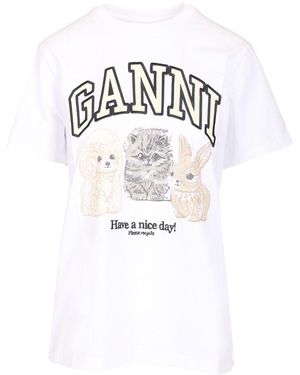 Ganni Basic Cotton Jersey Animals Relaxed T-Shirt - White