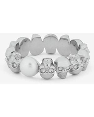 McQueen Bague Skull Et Perle - Blanc