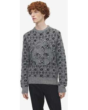 McQueen Distressed Skull Fair Isle Jumper - Grey
