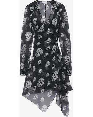 McQueen Silk Skull Print Wrap Dress - Multicolor