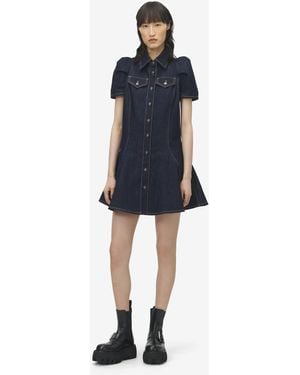 McQueen Pinched Shoulder Denim Mini Dress - Blue