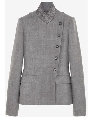 McQueen Wool Pinstripe Cross Lapel Jacket - Grey