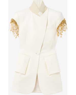 McQueen Leaves And Crystal Embroidery Short-Sleeved Jacket - Natural