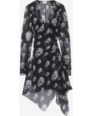 McQueen Silk Skull Print Wrap Dress - Multicolor