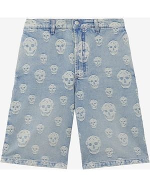 McQueen Skull Jacquard Denim Shorts - Blue