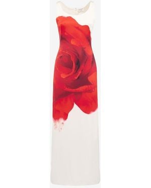 McQueen White Bleeding Rose Pencil Dress - Red