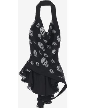 McQueen Skull Print Asymmetric Top - White