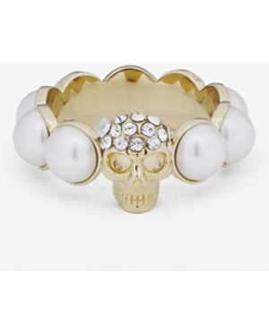 McQueen Bague Skull Et Perle - Blanc