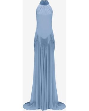 McQueen Silk Georgette Halter Evening Dress - Blue