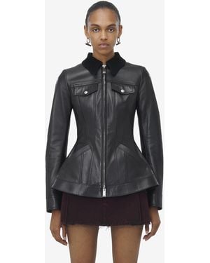 McQueen Peplum Corduroy-Trimmed Leather Jacket - Black