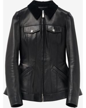 McQueen Peplum Corduroy-Trimmed Leather Jacket - Black