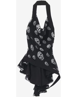 McQueen Skull Print Asymmetric Top - Black