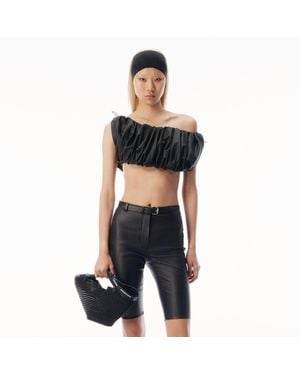 Alexander Wang Leather Cropped Off Shoulder Gathered Bra Top - Black