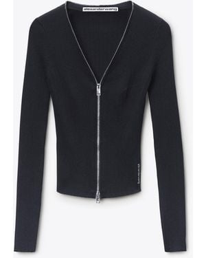 Alexander Wang V-Neck Pointelle Zip Cardigan - Black