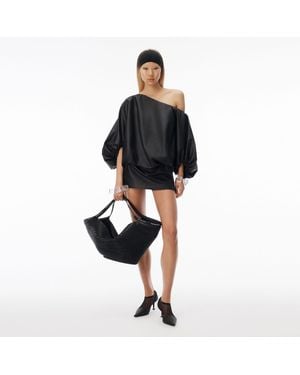 Alexander Wang Leather Gathered Off Shoulder Mini Dress - Black