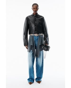 Alexander Wang Black Glossy Leather Cropped Moto Jacket - Blue