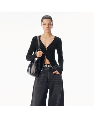 Alexander Wang V-Neck Long Sleeve Pointelle Zip Cardigan - Black