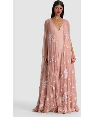 Alice + Olivia Azriella Embroidered Maxi Gown Cape - Pink