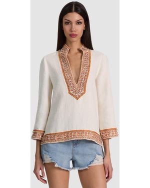 Alice + Olivia Eleonora Embellished Linen Tunic Top - White