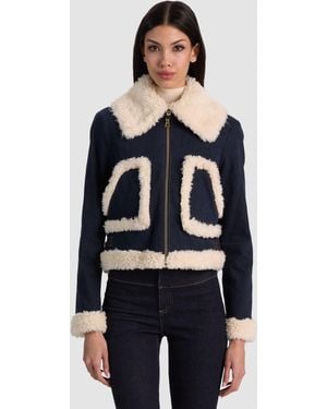 Alice + Olivia Isaiah Faux Shearling Denim Aviator Jacket - Blue