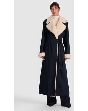 Alice + Olivia Nevada Faux Shearling Denim Trench Coat - Blue