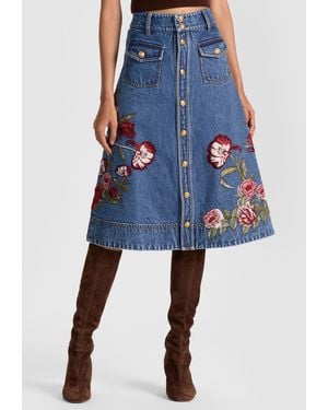 Alice + Olivia Dahlia Embroidered Denim Skirt - Blue