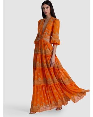 Alice + Olivia Patrica Embellished Ruffle Maxi Dress - Orange