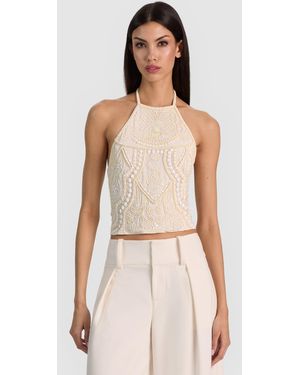 Alice + Olivia Gatz Embellished Halter Cropped Top - Natural