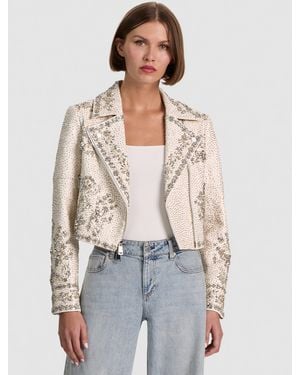 Alice + Olivia Avril Embellished Vegan Moto Jacket - Natural