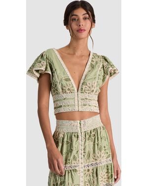 Alice + Olivia Keeley Embroidered Flutter Sleeve Top - Green