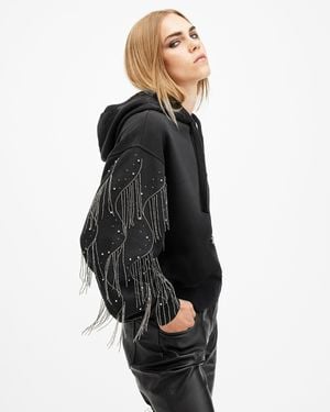 AllSaints Lennon Tassel Embellished Sleeve Hoodie,, Washed - Black