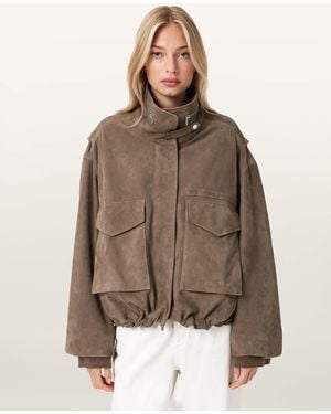 AllSaints Clay Funnel Neck Suede Cropped Jacket - Brown